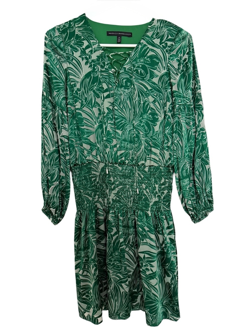 White House Black Market Green Floral Lace-Up Smocked Waist Dress Women SP Small